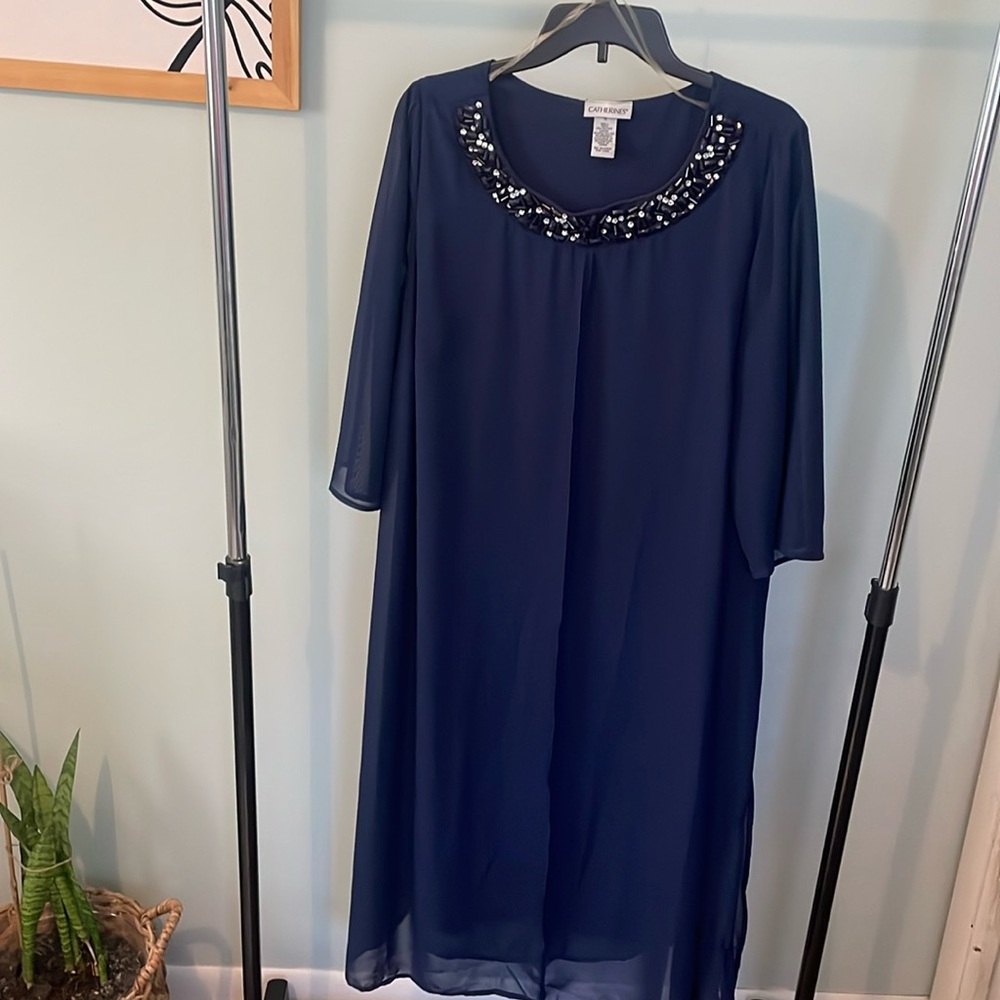 Catherines Navy Beaded Neck Chiffon Dress – Size 1X